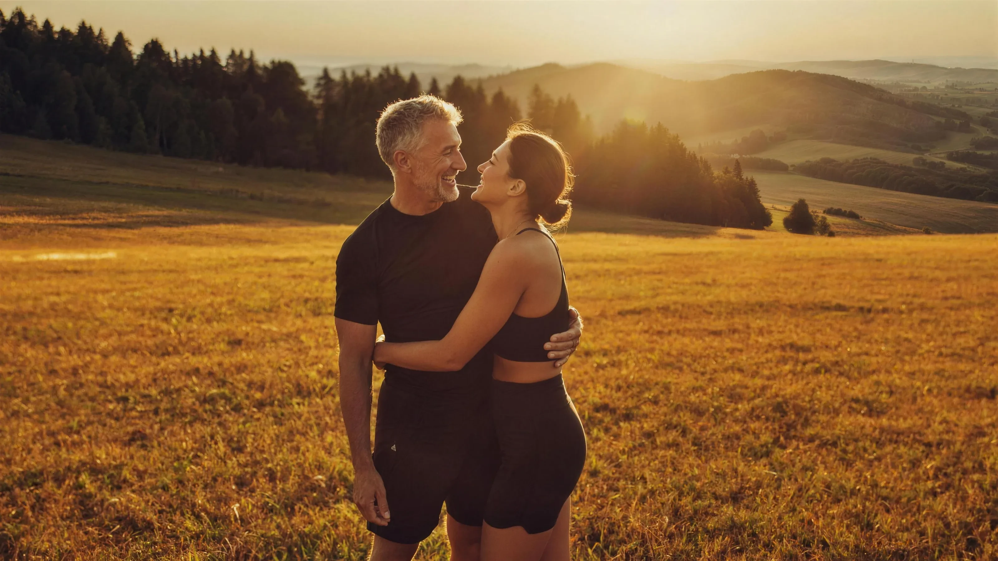 A couple embracing in a golden meadow at sunset
